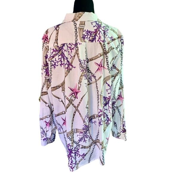 NWOT Susan Graver White Button Down Shirt with Beach & Nautical Print Size 16 - Picture 2 of 6